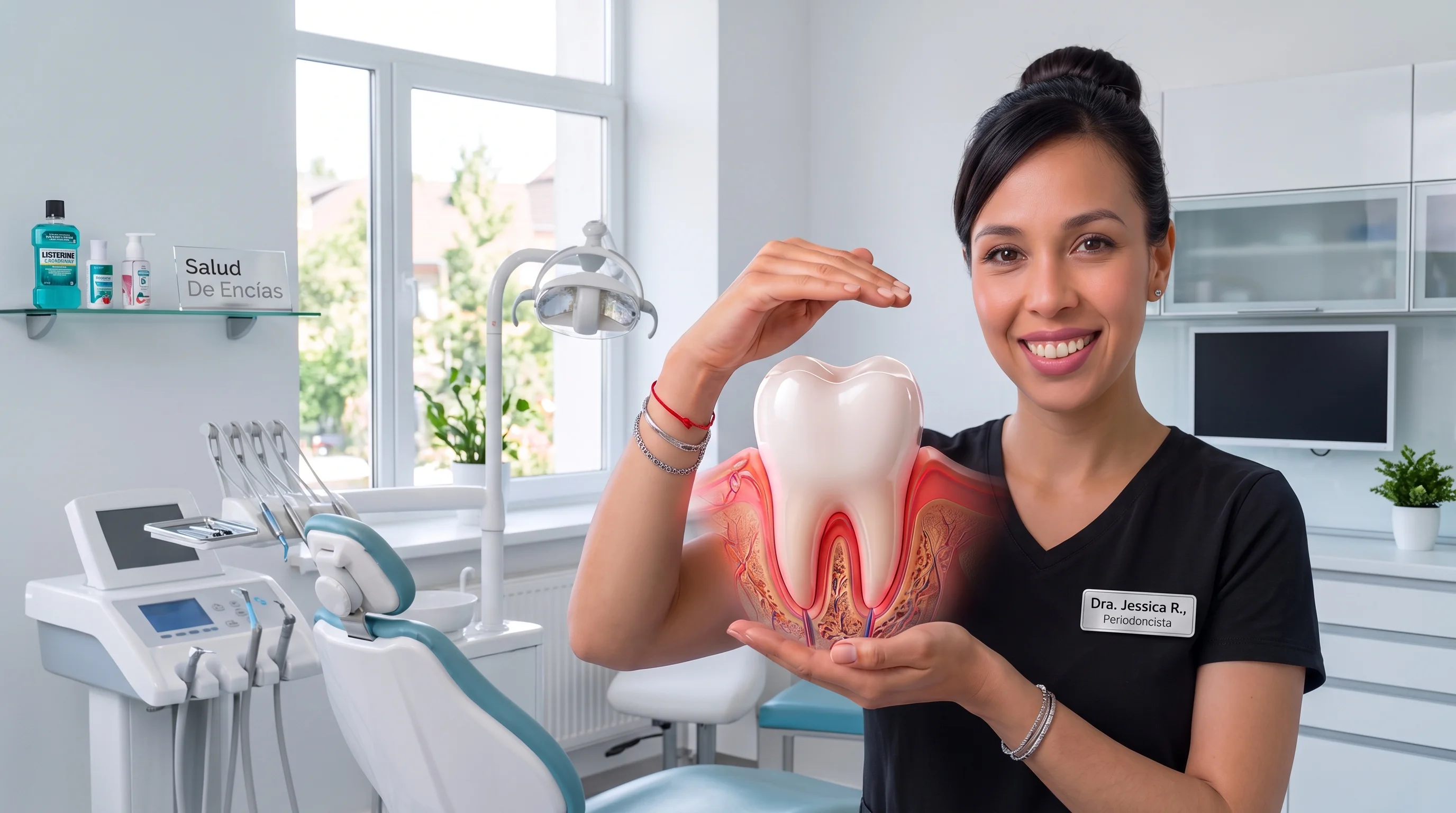 Dra. Jessica García, periodoncista, sosteniendo un modelo de diente y encía en su consultorio