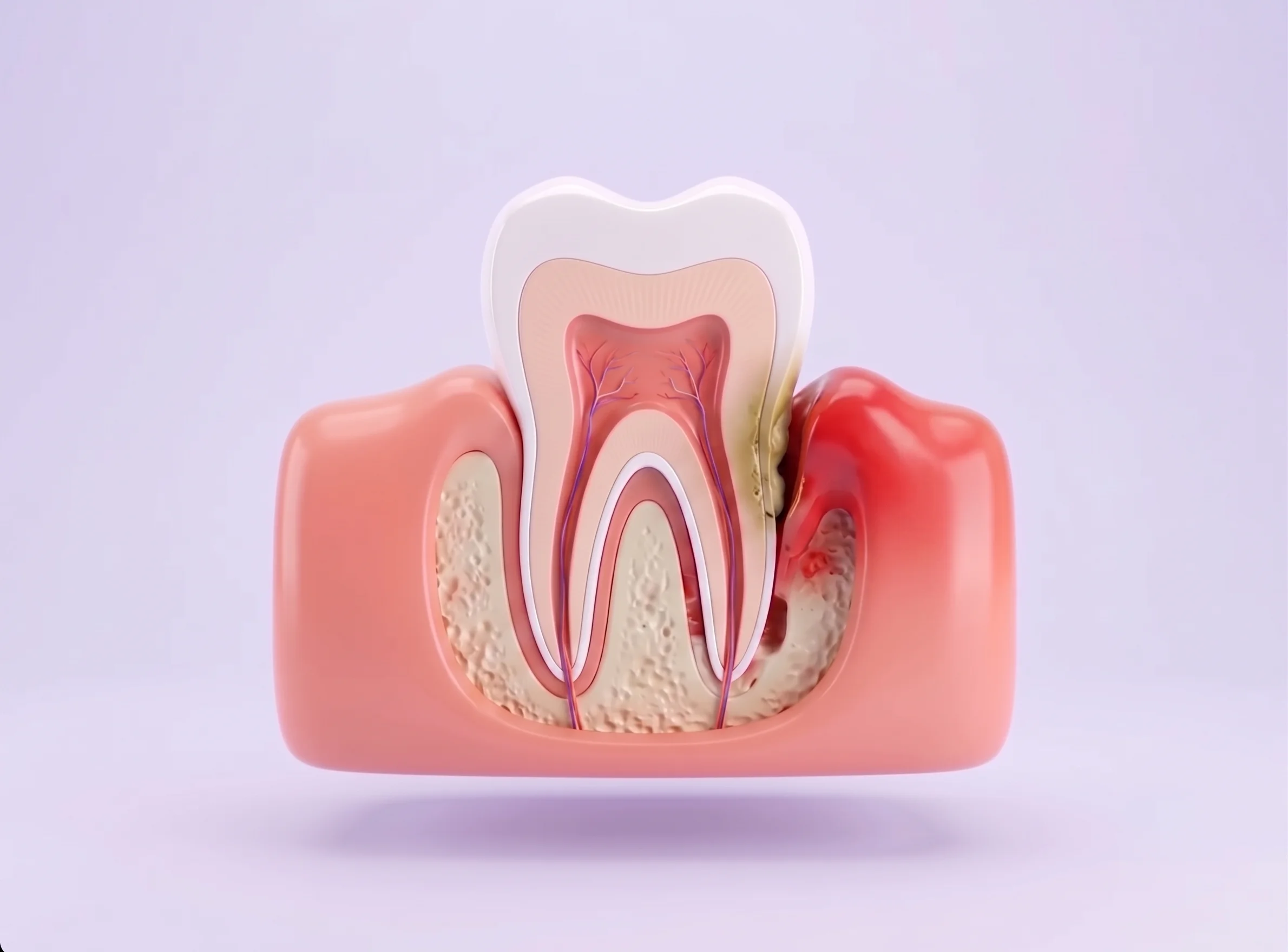 Corte de un diente con la encía inflamada por enfermedad periodontal